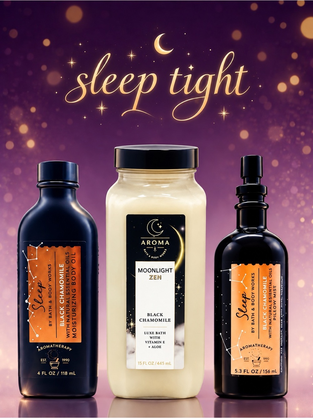 BBW Black Chamomile 3 Pc Body Oil Pillow Mist Luxe Bath Set